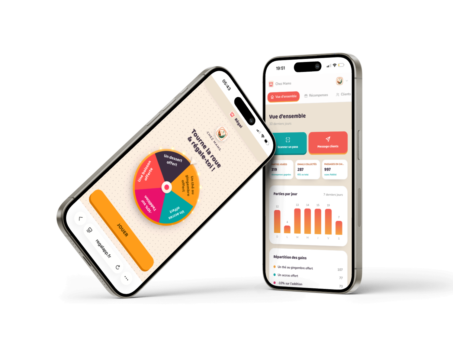 Roue de la chance et dashboard Régal sur téléphone